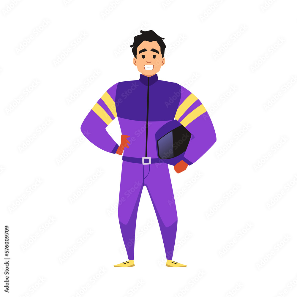 Kart racer in colorful suit and helmet, flat vector illustration isolated.