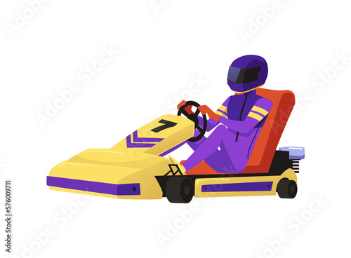 Kart speed racer sitting in car in suit and helmet, vector illustration isolated. © sabelskaya