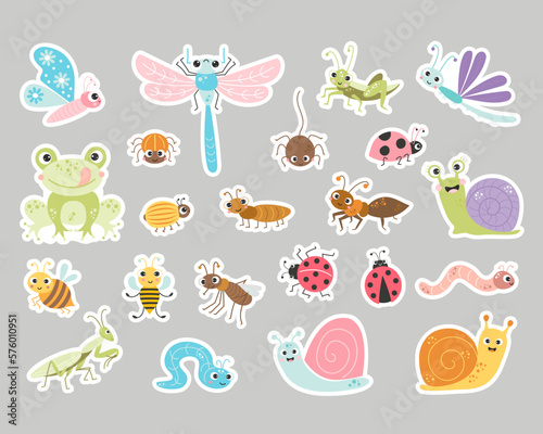 Big collection of stickers of cute insects. Funny decorative characters of snail, beetle, dragonfly and butterfly, bee and ant, spider and grasshopper. Vector illustration. isolated element