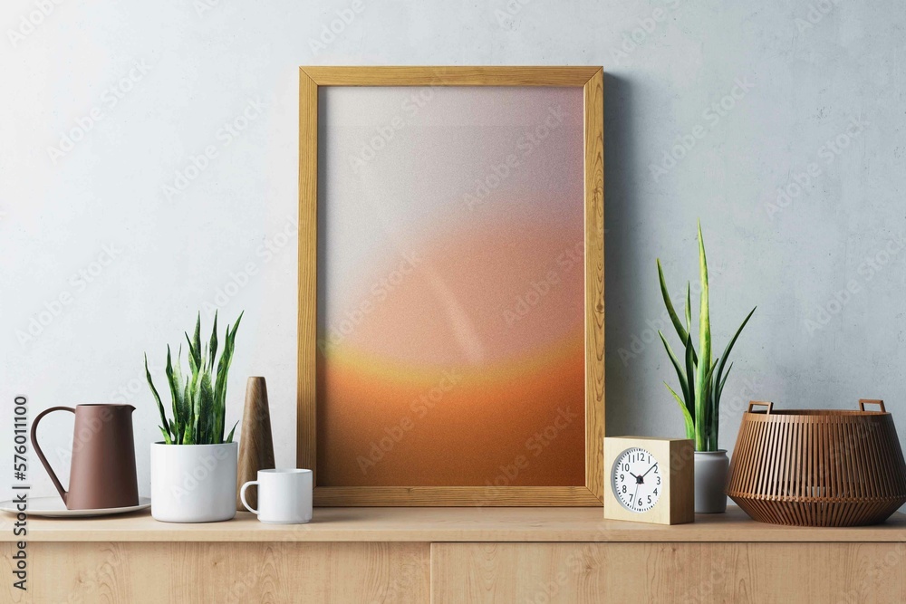 3d rendering of one large 24x36-inch canvas paper for poster, illustration or artwork mock-up in a wooden walnut frame sitting on a wooden credenza with interior accessories in a cosy modern interior