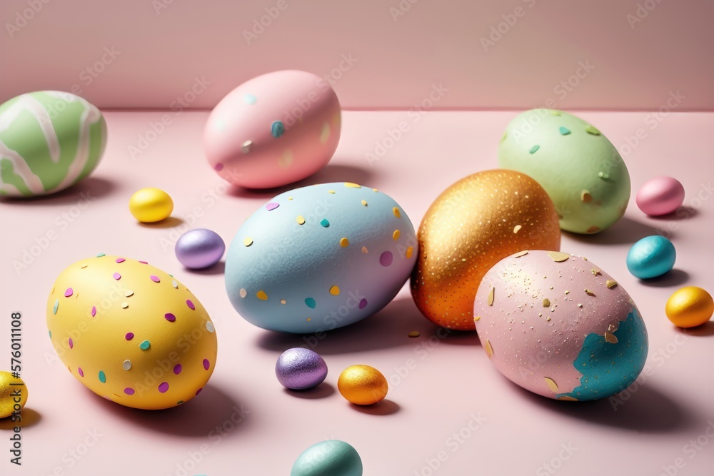 Colourful Easter eggs on pastel background. AI Generation