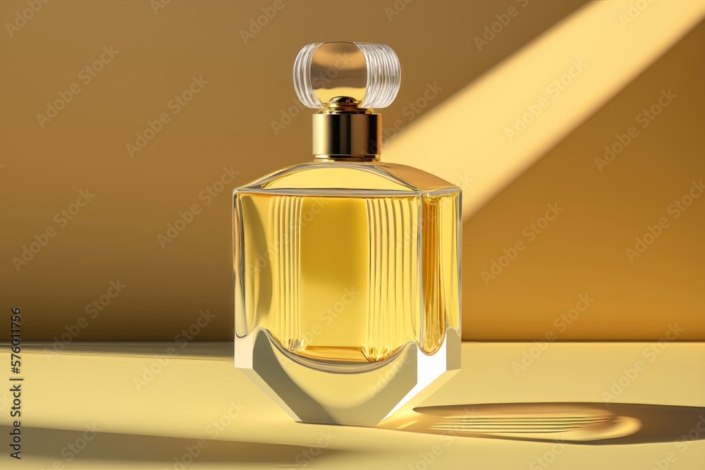 Transparent bottle of perfume on a yellow background. AI generation Transparent bottle of perfume on a yellow background. AI generation