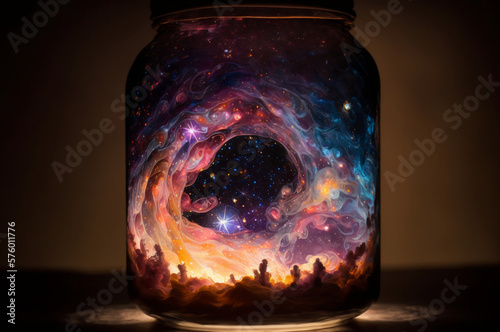 Galaxy locked in a Jar Amzing Glowing. Generative AI. photo