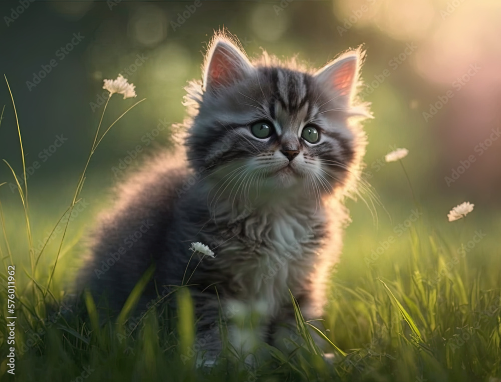 Kitty in a spring meadow with gold sun rays green grass, white small spring flowers. Adorable fluffy cat in grass. Generative AI.