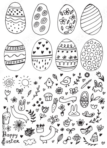 Easter eggs with botanical elements set doodle style. Happy easter hand drawn isolated on white background. Spring holiday. Happy Easter. Vector Illustration.