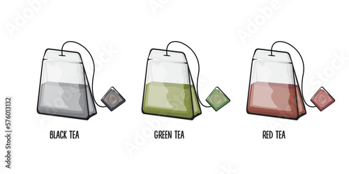 Black tea bag, green tea bag and red tea bag set isolated on white background. Vector cartoon string and tag Teabag collection clip art