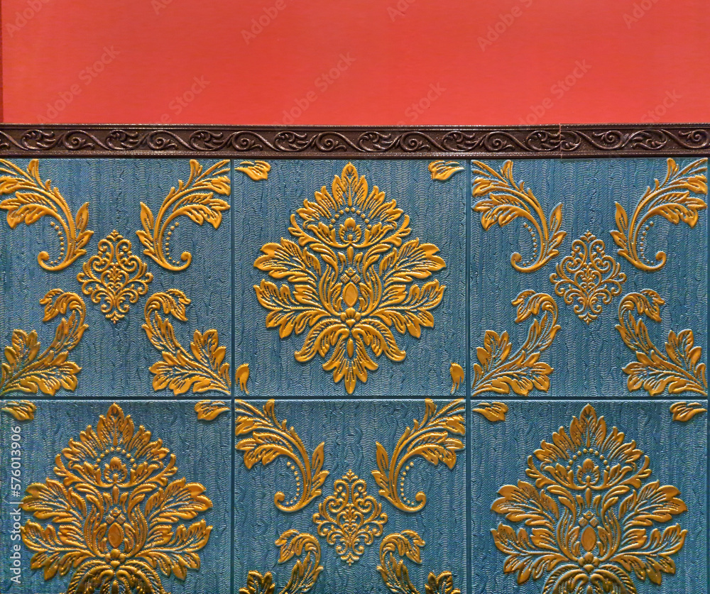 3D Vinyl Tiles, crafted in classical Baroque European floral pattern and Moravian Pattern in teal blue and golden color engravings, with red painted wall
