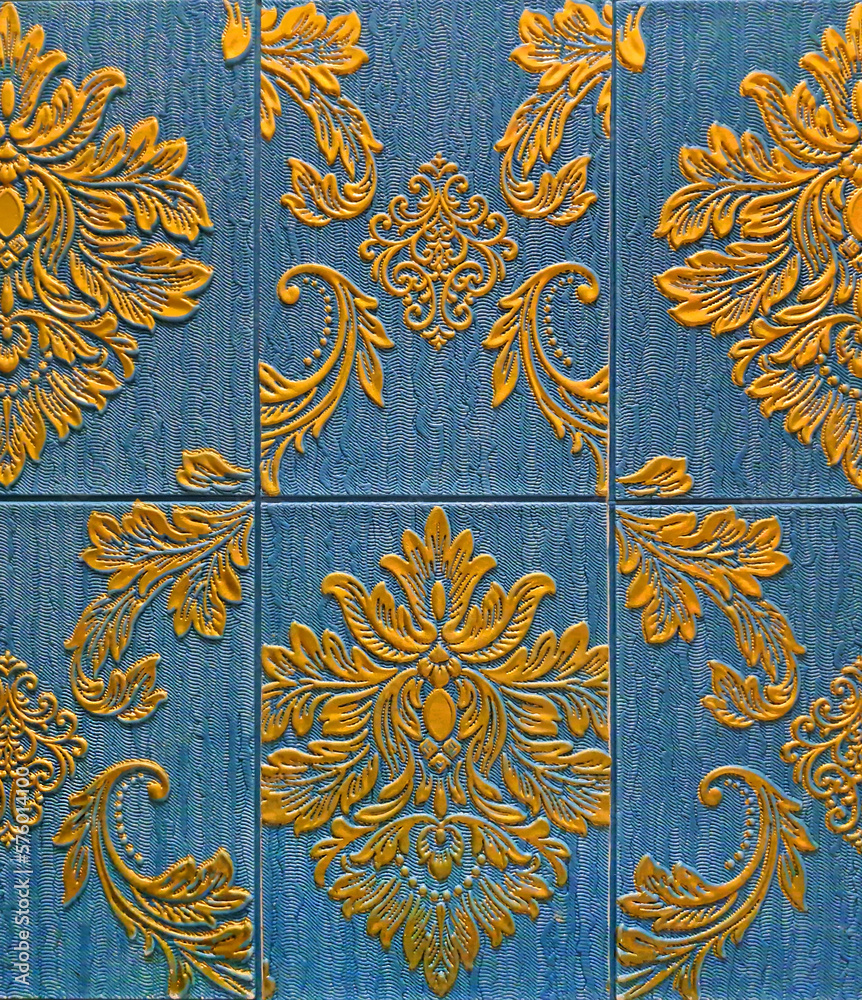 3D Vinyl Tiles, crafted in classical Baroque European floral pattern and Moravian Pattern in teal blue and golden color engravings.