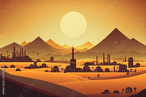 an illustration of a desert city landscape with mountains in the background