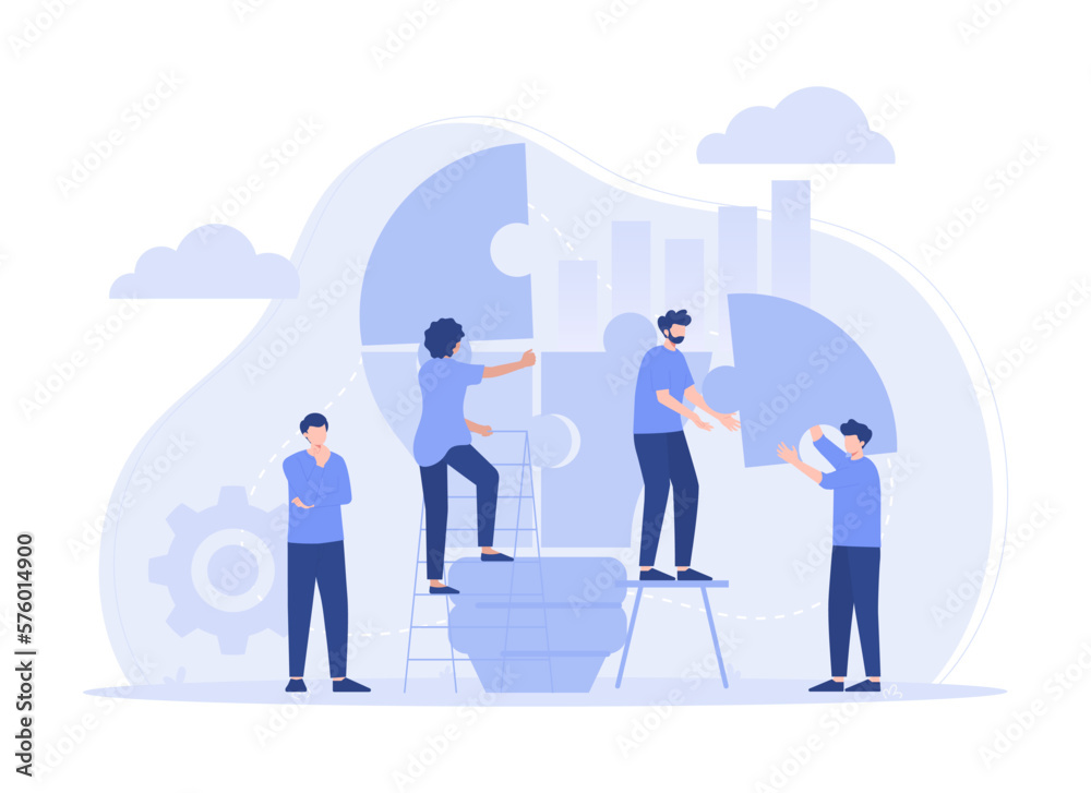 Teamwork connecting light bulb puzzle, finding ideas solving business problems flat illustration