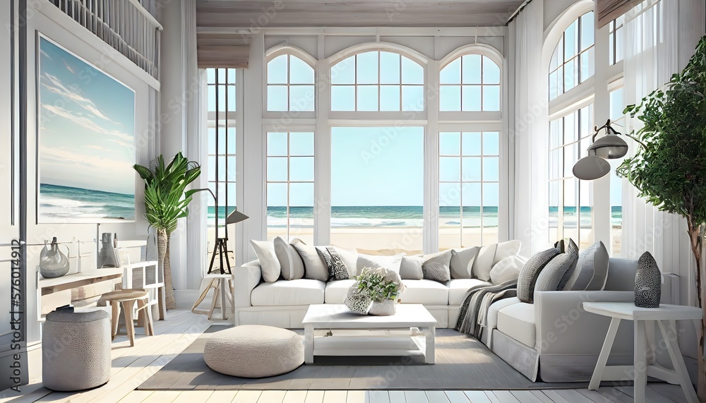 Fototapeta premium Spacious living room with a view of the ocean in an opulent summer beach house with white furnishings. The inside of a vacation home or villa. generative ai