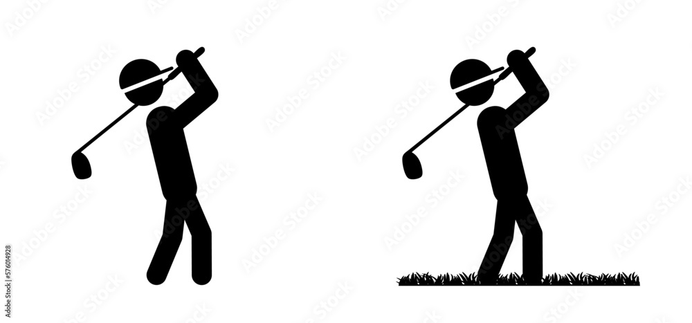 Stickman, stick figure man with golf stick. Golf player zone and golf  course icon. Golf club with a ball silhouette. Sportsman hitting ball with  niblick. Golfer zone Stock Vector