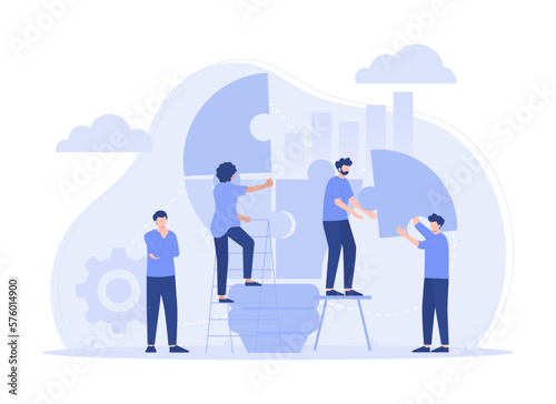 Teamwork connecting light bulb puzzle, finding ideas solving business problems flat illustration