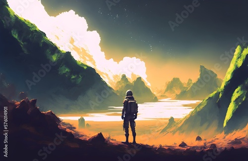 astronaut standing looking at natural scenery in the new planet, digital art style, illustration painting, Generative AI