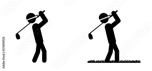 Stickman, stick figure man with golf stick. Golf player zone and golf course icon. Golf club with a ball silhouette. Sportsman hitting ball with niblick. Golfer zone
