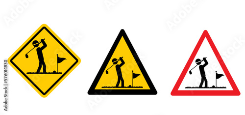 Stickman, stick figure man with golf stick. Golf player zone and golf course icon. Golf club with a ball silhouette. Sportsman hitting ball with niblick. Golfer zone