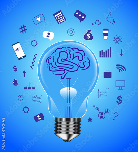 
Human brain inside a light bulb. Idea symbol. Business strategy. Infographic set of images, diagrams.