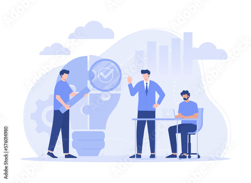 Teamwork connecting light bulb puzzle, finding ideas solving business problems flat illustration