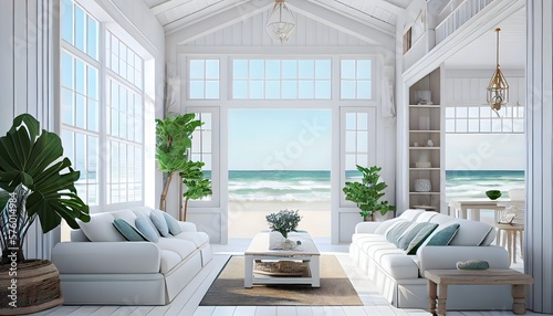 Large living room with a sea view in a lavish summer beach home with white furniture. interior of a holiday house or villa. generative ai  © Cheung