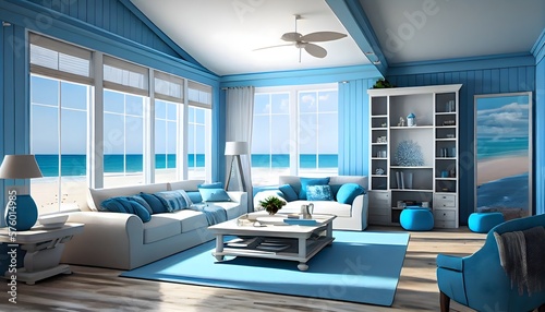 A luxurious vacation home on the beach has a beautiful living room with blue furniture and a view of the ocean. the living space inside of a vacation home or villa. generative ai
