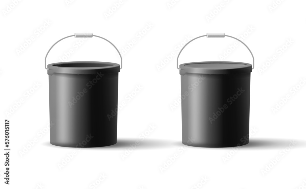 Realistic black plastic bucket for goods with closed and open lid. Bucket for packaging construction goods, food products, industrial goods. Pattern of buckets on a light background. Realistic black plastic bucket for goods with closed and open lid. Bucket for packaging construction goods, food products, industrial goods. Pattern of buckets on a light background.