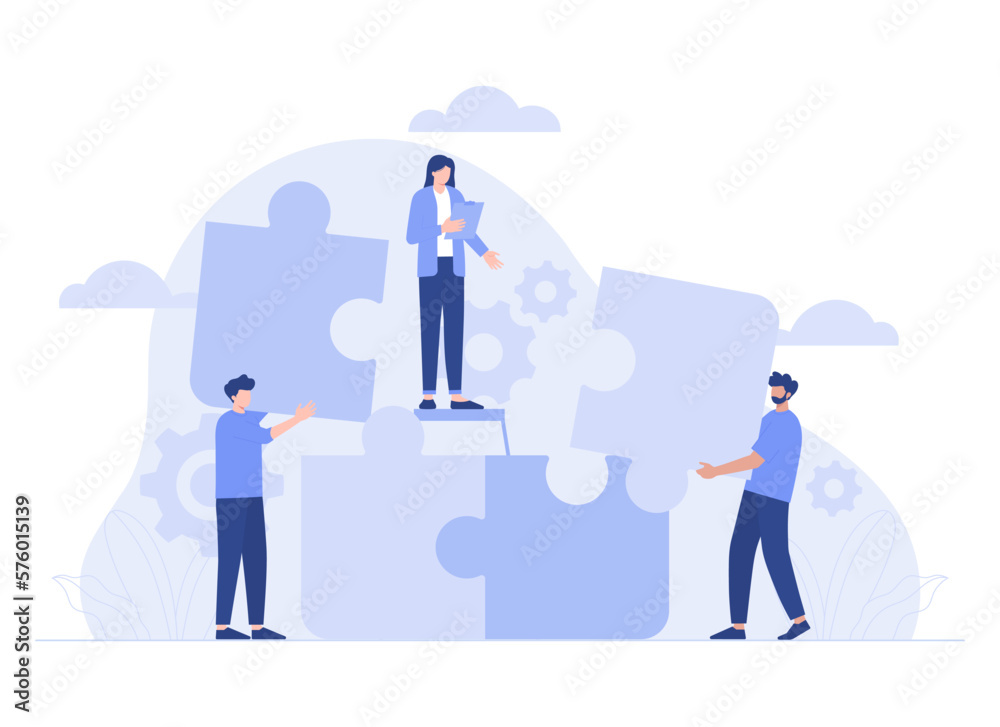 Teamwork connecting puzzle elements, cooperation, partnership. Modern vector flat illustration