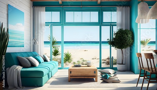 Large living room with a sea view in a lavish summer beach home with white furniture. interior of a holiday house or villa. generative ai 