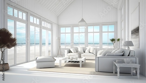 Large living room with a sea view in a lavish summer beach home with white furniture. interior of a holiday house or villa. generative ai  © Cheung