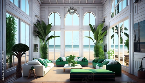 Une maison de plage d'été en bois de plantes vert clair moderne avec des meubles, generative ai, un intérieur orange de relaxation et un voyage de luxe avec vue tropicale, fond d'océan