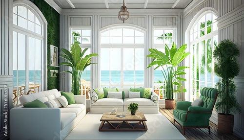 Une maison de plage d'été en bois de plantes vert clair moderne avec des meubles, generative ai, un intérieur orange de relaxation et un voyage de luxe avec vue tropicale, fond d'océan photo
