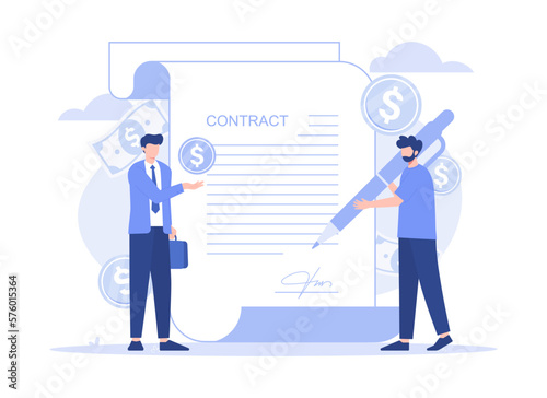 Tiny people sign a document, financial business agreement, web contract. Modern flat illustration