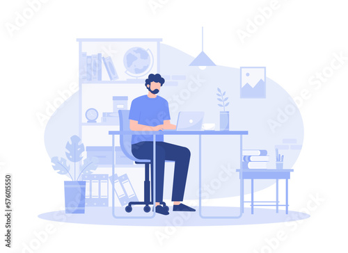 A man sitting on armchair and working from home, chatting with colleagues via laptop illustration