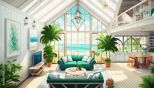Ein modernes  hellgr  nes Sommer-Strandhaus aus Holz mit M  beln  generativer ai  entspannendem orangefarbenem Interieur und tropischer Aussicht  Luxusreisen  Meereshintergrund