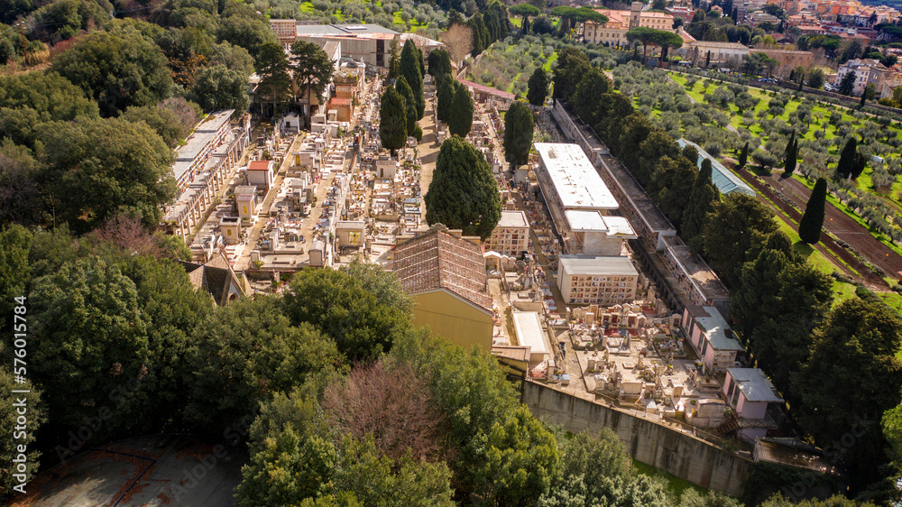 Aerial view of the cemetery in Albano Laziale, Italy. It is a small cemetery with the graves of the villagers.