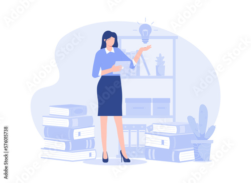 A woman holding a light bulb idea, found the idea from many books. Modern vector flat illustration