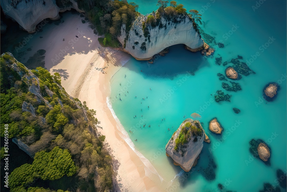 beach with trees Near the Grean and Blue Sea. Generative AI