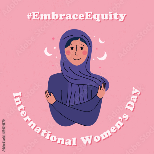 International womens day banner or social media post concept. Embrace equity woman illustration with girl hugging herself.