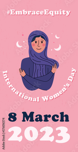 International womens day poster, banner or social media post concept. Embrace equity woman illustration with girl hugging herself.