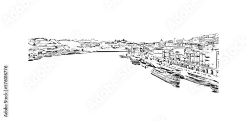 Building view with landmark of Porto is a coastal city in northwest Portugal. Hand drawn sketch illustration in vector.