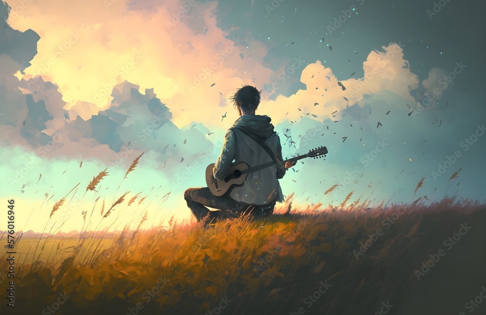 man playing guitar alone in the meadow, digital art style, illustration painting, Generative AI