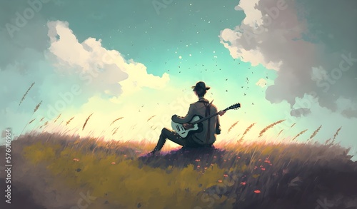 man playing guitar alone in the meadow, digital art style, illustration painting, Generative AI