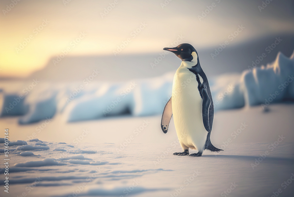 Obraz premium Adult penguin. Standing on snow. With beautiful snowy landscape behind. Generative AI