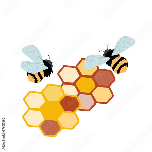 Honeycomb and bees, flat hand drawn vector illustration isolated on white background. Honey emblem or label element design with bees.