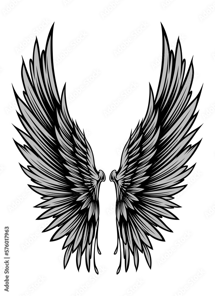 Obraz premium Wings Illustration in tattoo style isolated hand drawn. Design element for any purpose such as card, emblem, sign, badge, poster, flyer, t-shirt, and sticker. Vector illustration