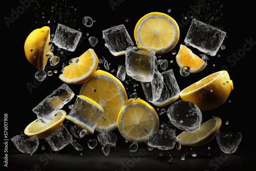 Background of beautiful lemon slices on frozen surface. Generative AI photo