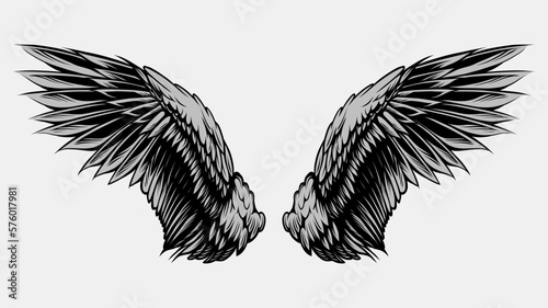 Wings Illustration in tattoo style isolated hand drawn. Design element for any purpose such as card, emblem, sign, badge, poster, flyer, t-shirt, and sticker. Vector illustration