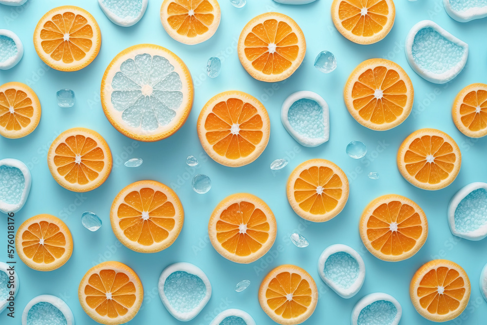 Background of beautiful fruit slices on frozen surface. Generative AI Background of beautiful fruit slices on frozen surface. Generative AI