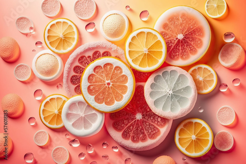 Background of beautiful fruit slices on frozen surface. Generative AI photo