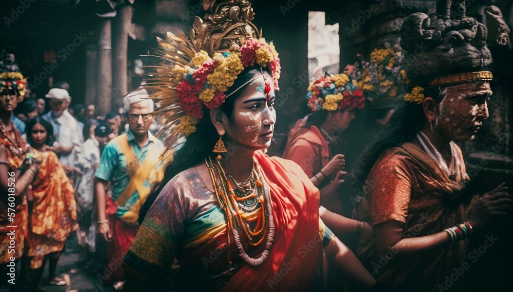 Balinese celebrating “Galungan and Kuningan” in Bali temple, Generative AI