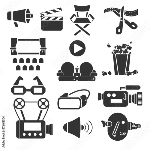 Black icon entertainment set. flat design movie Business cartoon concept. vector, illustration
